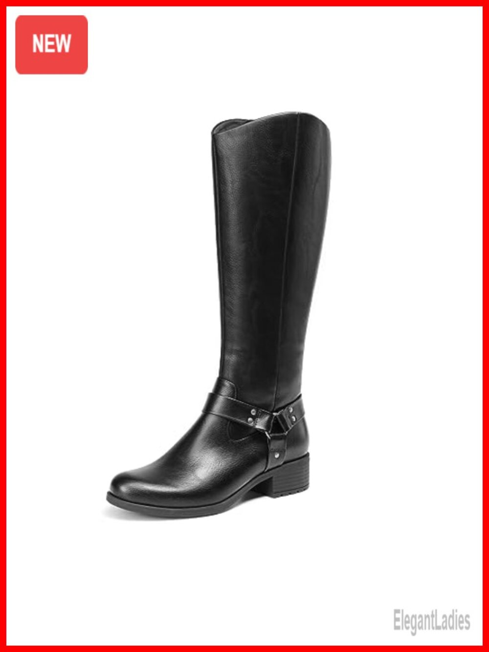 Faux Leather Knee High Motorcycle Boots Chunky Heel Side Zip